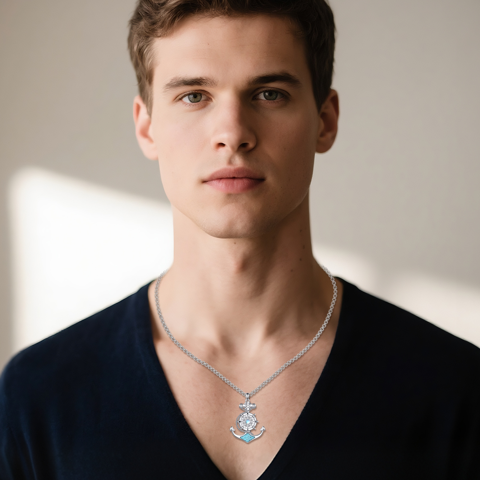 Women's 925 Sterling Silver Synthetic Turquoise Anchor Necklace